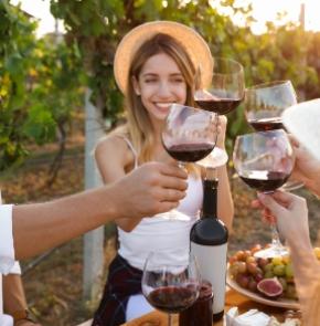 Amici brindano con vino in un vigneto, godendosi un tramonto estivo.